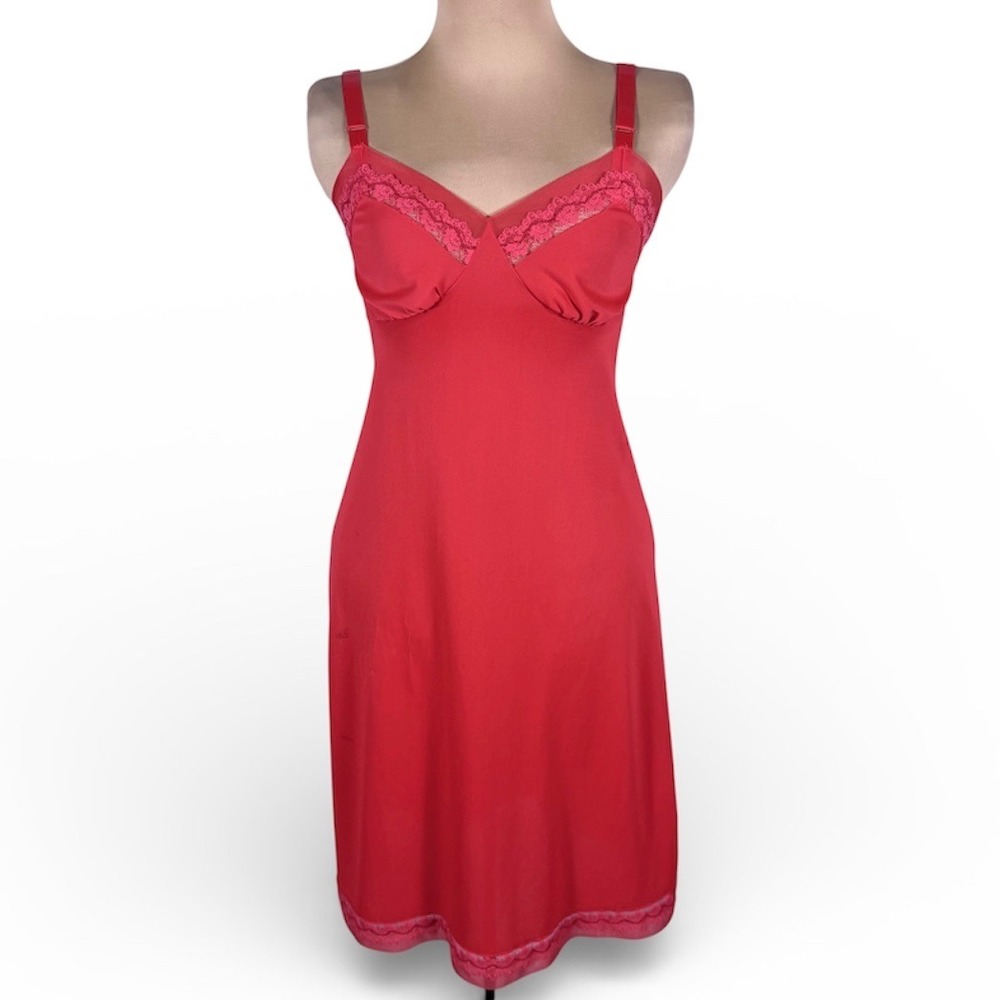 Lorrain Vtg Full Slip Dress Lace Trim Red Satin Perfect Fitting Sz 34 Boudoir‎